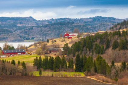 Rural Norwegian landscape with red wooden houses