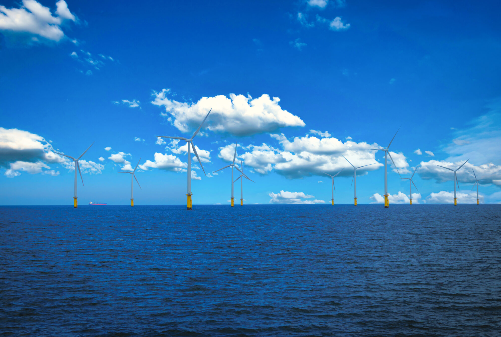 Offshore Wind Turbine in a Wind farm under construction off coast of England