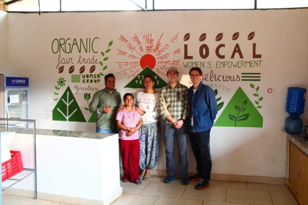 PhD-student Dolendra Paudel together with the manager of the cooperative, the founder of the cooperative, and two MA students from Lund University, Gustav Lautmann and Arvid Stider