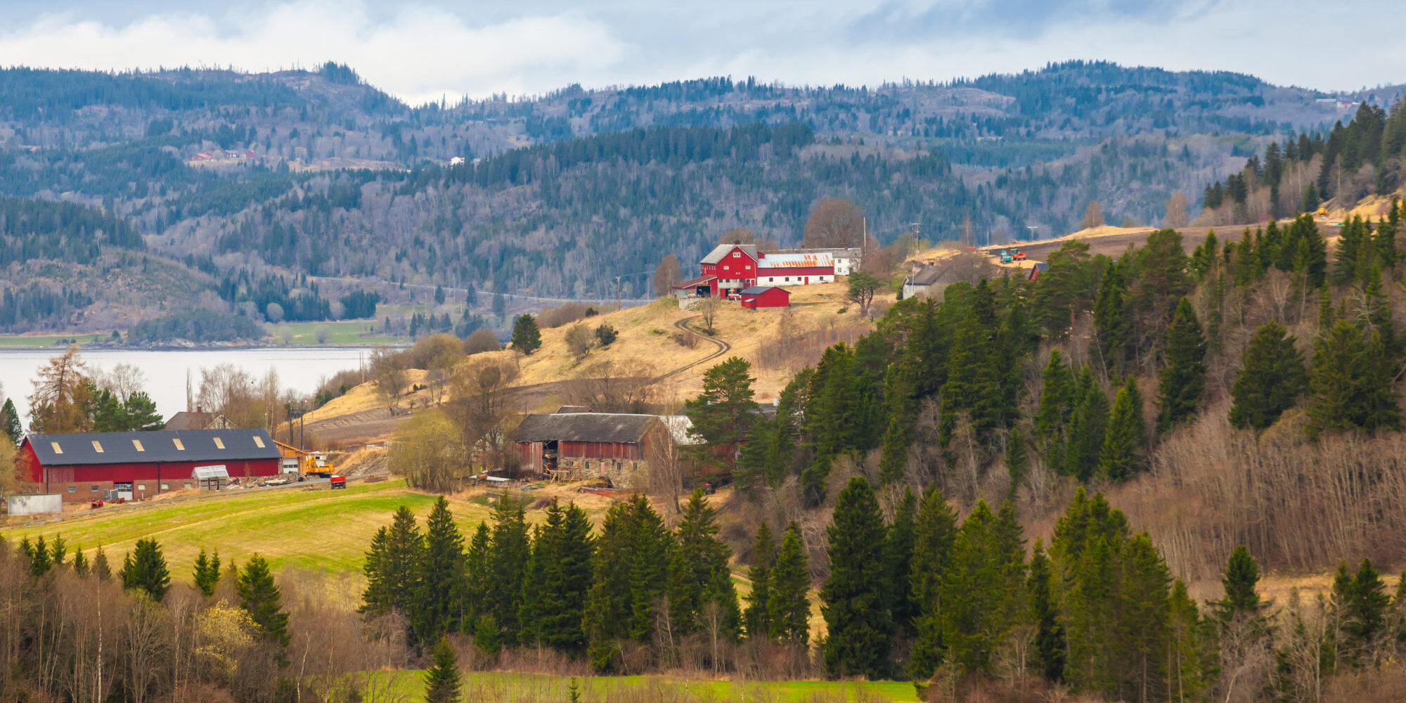 Rural Norwegian landscape with red wooden houses
